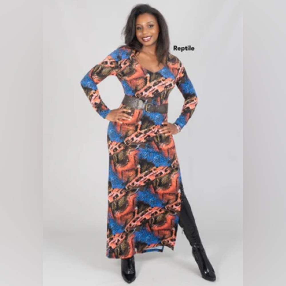0997.  Vertigo Paris Blue and Orange Snake Print Maxi Dress